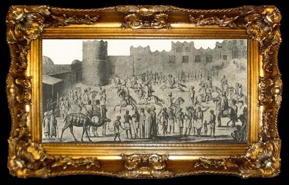 framed  william r clark niebuhrs teckning av soldater som exercerar pa en palatsgard., ta009-2